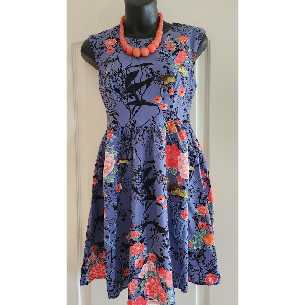Sunny Girl Anthropologie Blue Pink Sleeveless Cotton Floral Dress Peonies Sz S